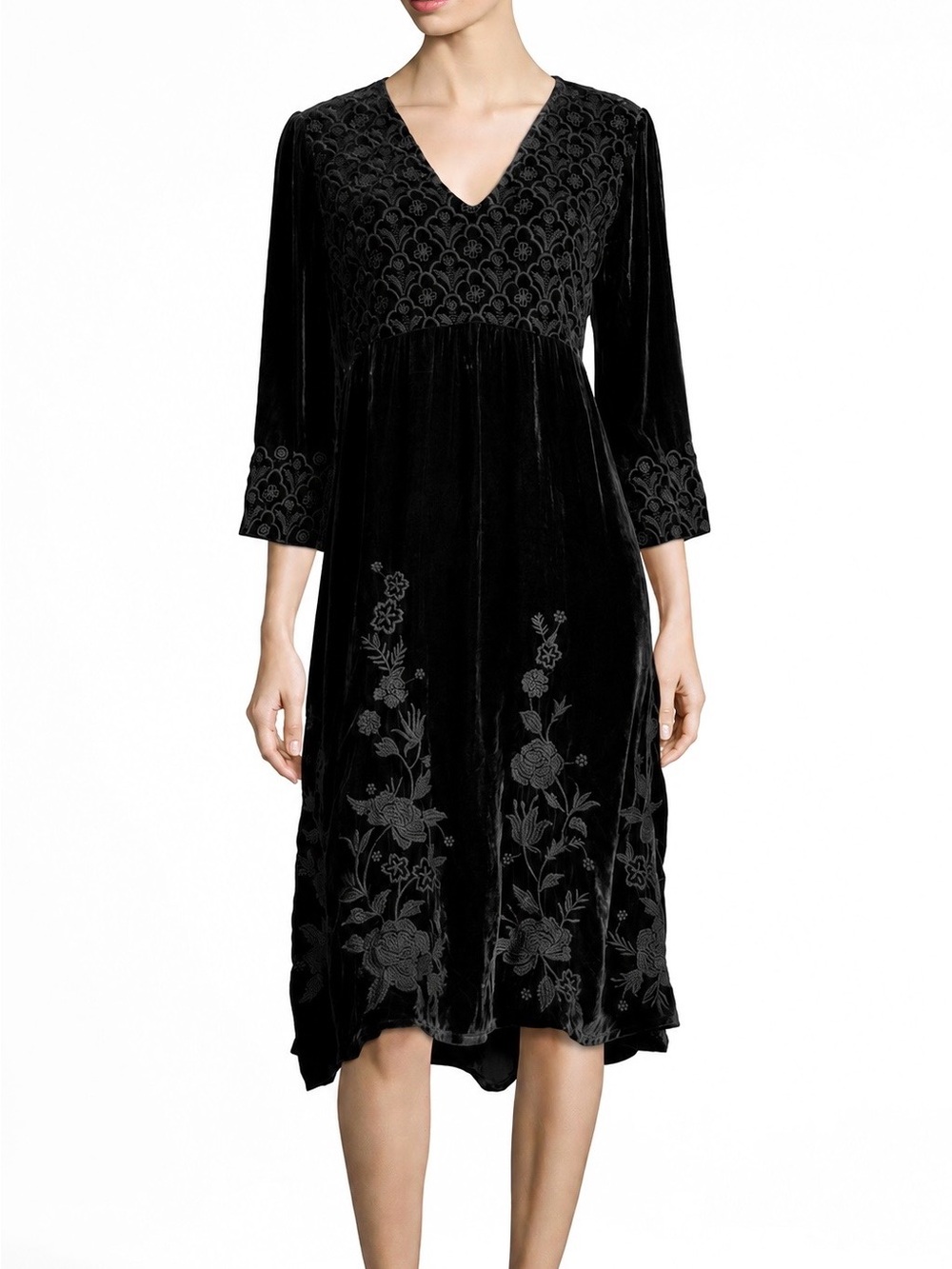 Johnny Was Parina Black Velvet Embroidered Silk Blend Midi Dress XS